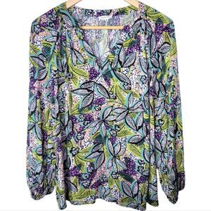 JODIFL Leaf Print Blouse Long Bubble Sleeves, Size S